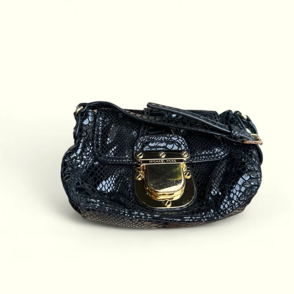 MICHAEL KORS Black Snake Embossed Leather Flap Crossbody .